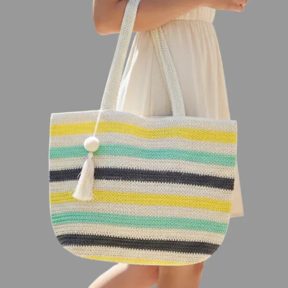 NWT The Pom Pom Tassel Multi Color Striped Tote Beach Bag